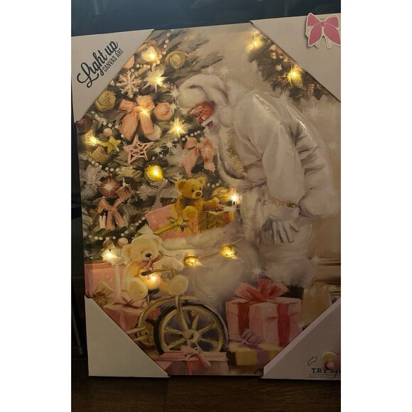 Light Up Pink Christmas Santa Canvas Wall Art with pink bows